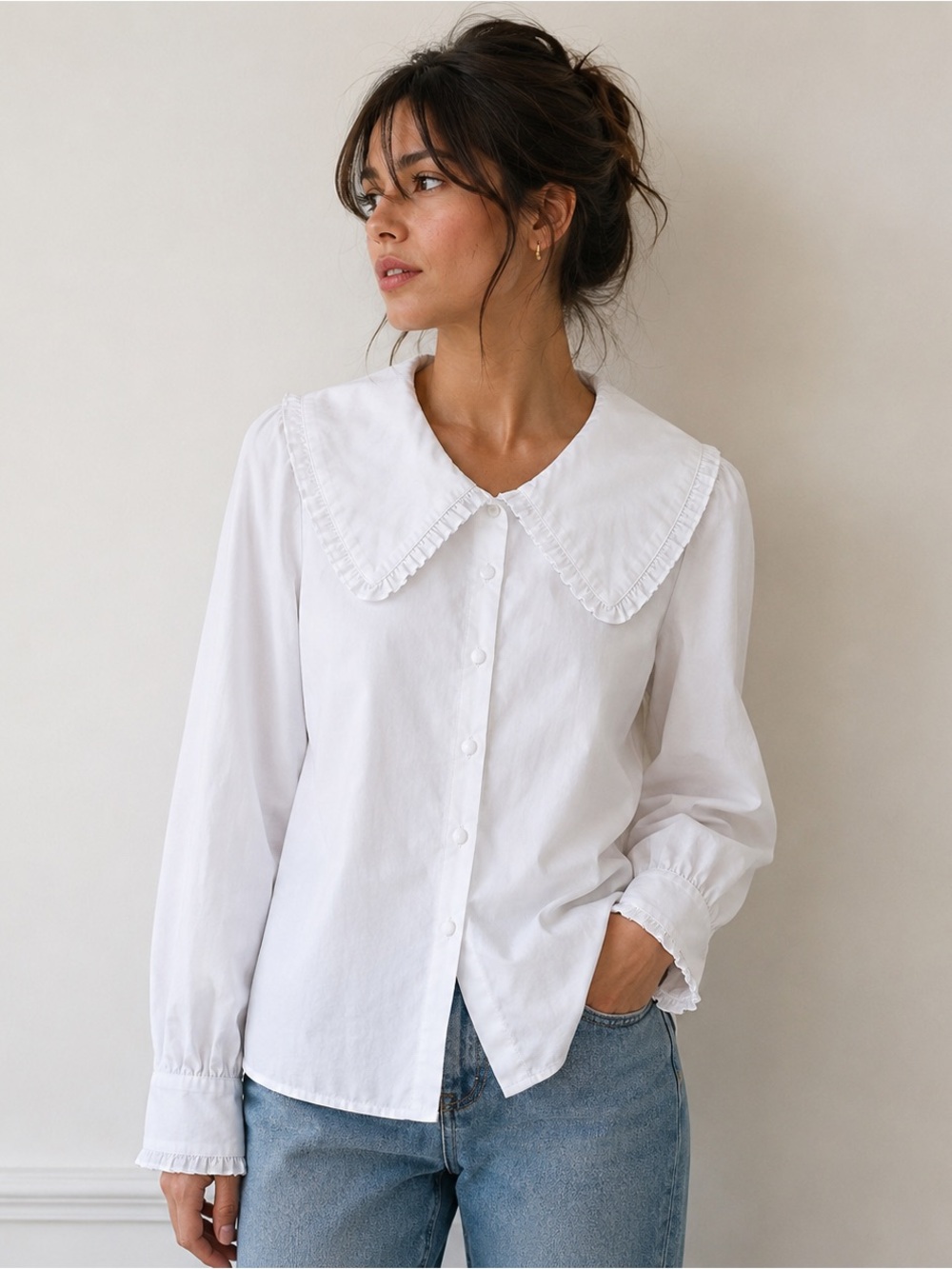 Rosaé Paris White Poplin Ruffle Collar Button Down Blouse Size 34 US 2
